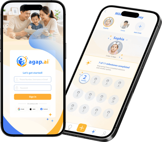 Two smartphones showing the AGAP.AI™ app sign-in screen and a child's milestone tracker