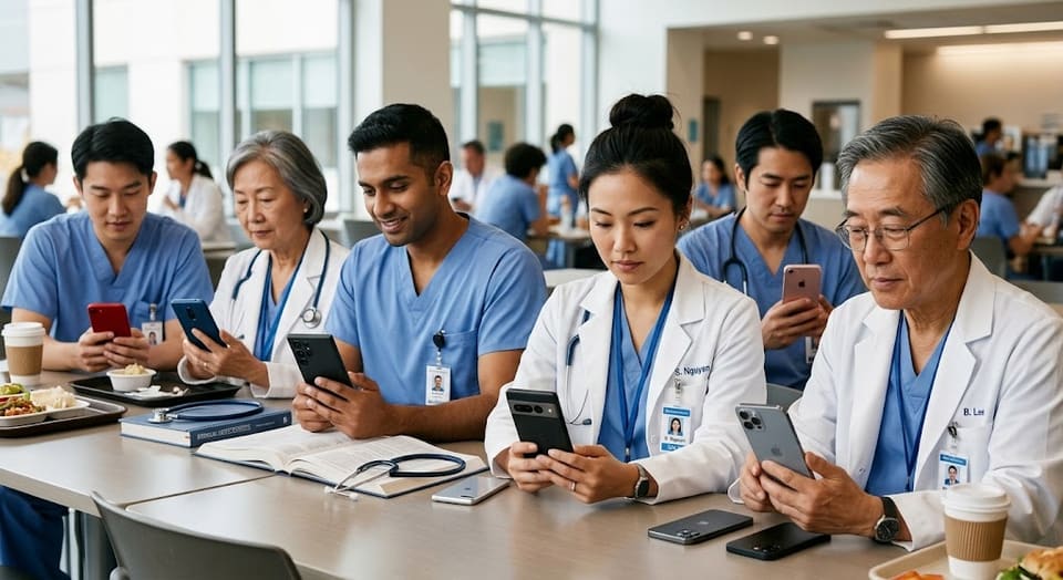 Doctors and nurses in a hospital cafeteria using smartphones