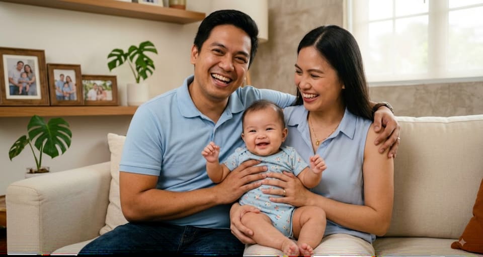 Smiling father and mother sitting on a sofa holding their laughing baby
